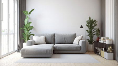 The minimal and modern interior design of a white tone living room with grey sofabeds. Generative AI AIG27.の素材