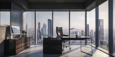 Interior of modern office with computer on desk with a large window. Generative AI AIG18.の素材
