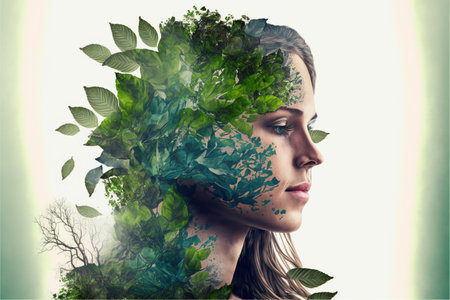 Beautiful woman portrait with blossom greenery foliage leaf hairstyle on isolated background double exposure. Girl face cover with blossom springtime leaves. Superb Generative AI.の素材