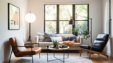 Living room decor, home interior design . Scandinavian Minimalist style with Large Window decorated with Wood and Metal material . Generative AI AIG26.の素材
