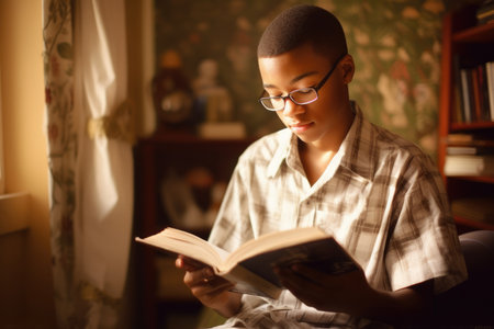 Male African American teenager reading books in home library casual relaxing. Generative AI AIG23.の素材