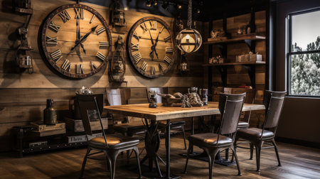 Interior design inspiration of Industrial Rustic style home dining room loveliness decorated with Metal and Wood material and Edison Bulb Pendant Light .Generative AI home interior design .の素材