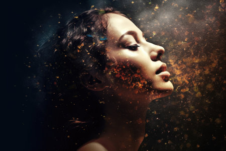 Woman portrait profile with dispersion and dissolve effect. Generative AI AIG27.の素材