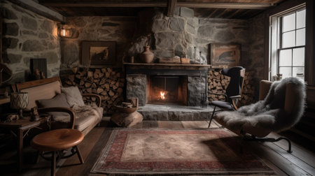 Living room decor, home interior design . Rustic Industrial style with Stone Fireplace decorated with Wood and Metal material . Generative AI AIG26.の素材