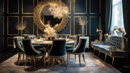 Interior design inspiration of Art Deco Glamorous style home dining room loveliness decorated with Velvet and Gold material and Mirrored Wall .Generative AI home interior design .の素材