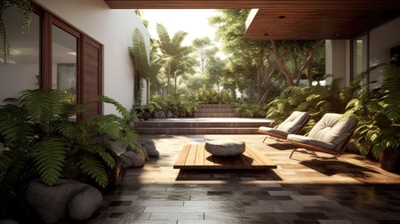 The open space of modern wooden and concrete patio seating area in natural style. Generative AI image AIG30.の素材