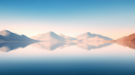 Desert mountain and oasis lake with morning sunrise light and misty environment, panoramic mountainous landscape and clear sky background. Picturesque generative AIの素材