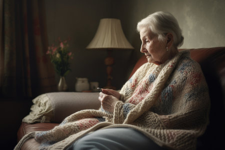 Female Caucasian senior knitting cozy sweater warmth living room. Generative AI AIG23.の素材