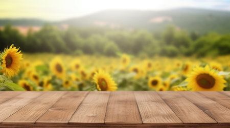 The empty wooden table top with blur background of sunflower field. Generative AI image AIG30.の素材