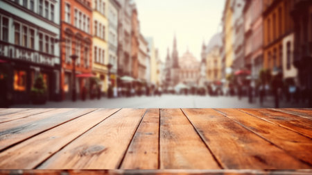 The empty wooden table top with blur background of European street. Exuberant image.の写真素材