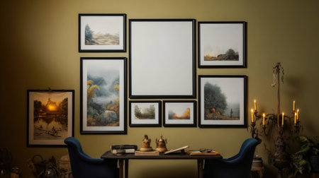 The interior of vintage living room with armchair and table hanging empty and natural photo frames on the wall. Generative AI AIG27.の素材