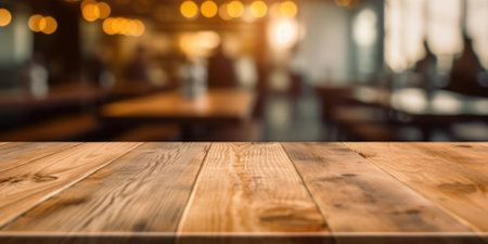 The empty wooden table top with blur background of cafe. Exuberant image.