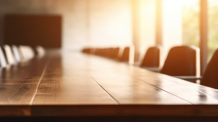 The wooden table top with blur background of classroom. Exuberant image.の写真素材