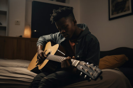 Male African teenager playing guitar in bedroom activity music. Generative AI AIG23.の素材