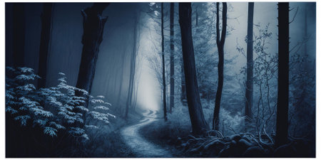 Blue monochrome color haunted path in dark forest. superlative generative AI image.の素材