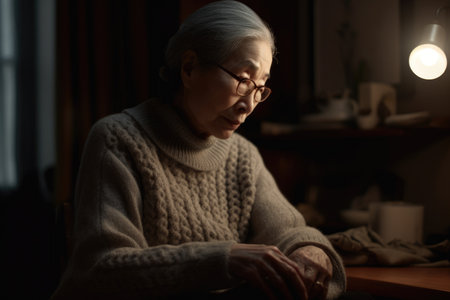 Female Asian elderly knitting cozy sweater warmth living room. Generative AI AIG23.の素材