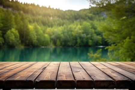 The empty wooden table top with blur background of Plitvice lakes. Exuberant image.の写真素材