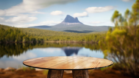 The empty wooden brown table top with blur background of Cradle mountain in Tasmania. Generative AI image AIG30.の素材