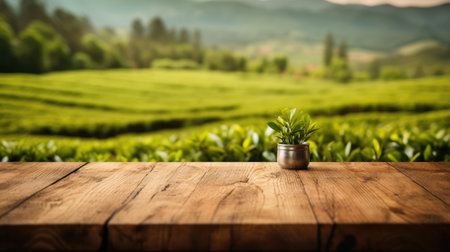 The empty wooden table top with blur background of tea plantation. Generative AI image AIG30.の素材
