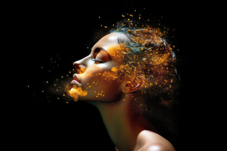 Woman portrait profile with dispersion and dissolve effect. Generative AI AIG27.の素材