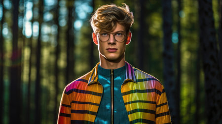 Young male model posing with trendy man fashion outfit in colorful rainbow in forest background. Picturesque generative AIの素材