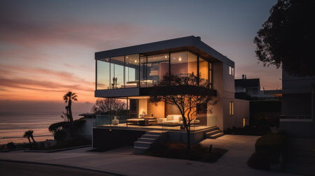 Home architecture design in Modern Style with Pool constructed by Concrete and Glass material. Modern architecture style. Generative AI AIG25 .の素材