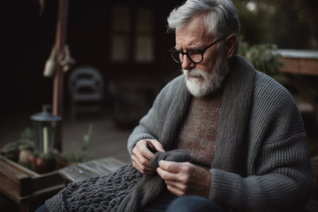 Male caucasian elderly knitting cozy sweater warmth patio. Generative AI AIG23.の素材