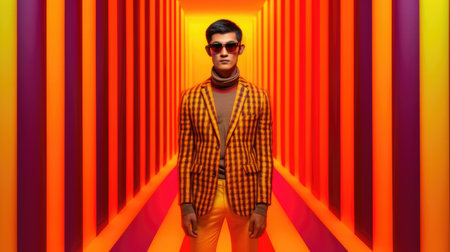 Young male model posing with trendy man fashion outfit and colorful orange optical art abstract background. Picturesque generative AIの素材