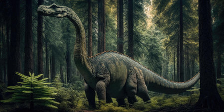 Prehistoric creature or dinosaur in the wild nature. Realistic style drawing. superlative generative AI image.の素材