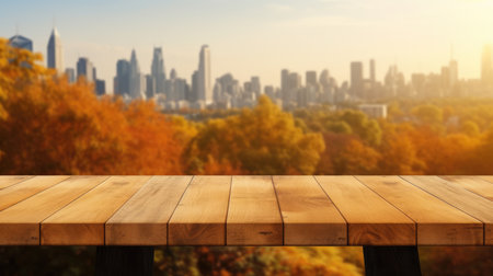 The empty wooden table top with blur background of nature skyline in autumn. Exuberant image.の写真素材