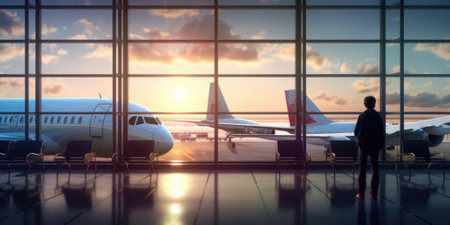 Airport interior with window sunset and airplane in background. Picturesque generative AIの素材