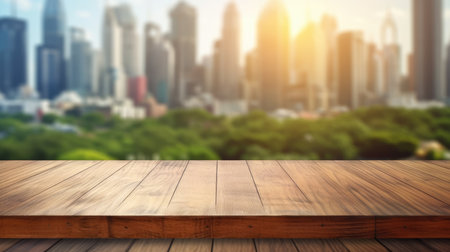 The empty wooden table top with blur background of downtown business district. Exuberant image.の写真素材