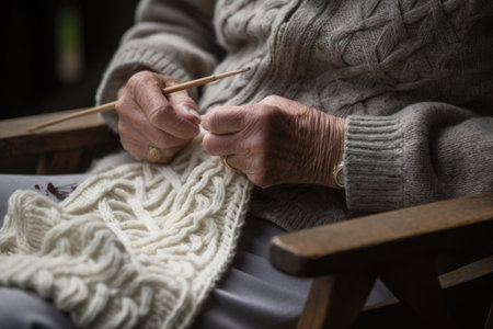 Male Caucasian elderly knitting cozy sweater warmth patio. Generative AI AIG23.の素材