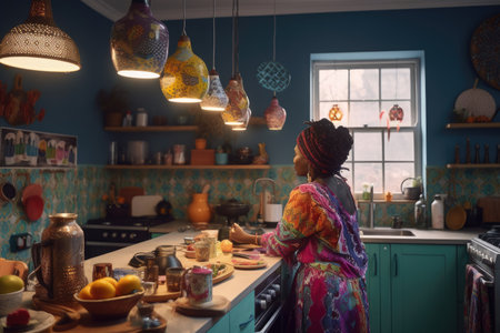 Female African adult cooking in kitchen apron chef attire. Generative AI AIG23.の素材