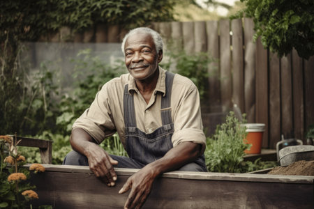 Male African senior gardening in backyard plants overalls. Generative AI AIG23.の素材