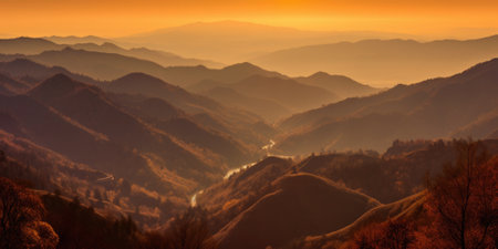 The morning sun rising over a mountain range with shades of pink and orange. Generative AI AIG27.の素材