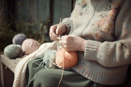 Female Caucasian elderly knitting cozy sweater warmth patio pastel. Generative AI AIG23.の素材