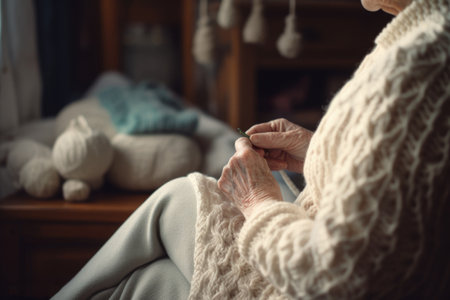 Female Caucasian elderly knitting cozy sweater warmth living room. Generative AI AIG23.の素材