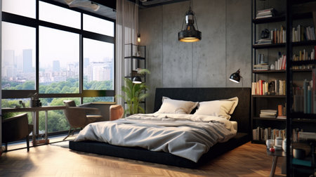 The modern concrete wall bedroom interior in dark tone with bookcase. Generative AI AIG27.の素材