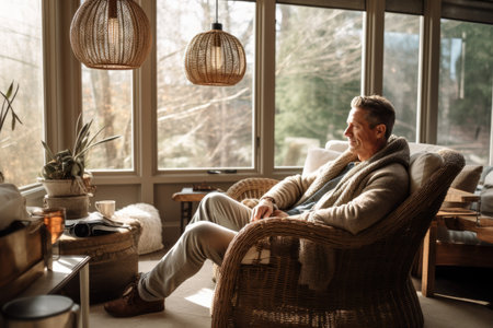 Male Caucasian middle aged lounging sun room cozy warm. Generative AI AIG23.の素材