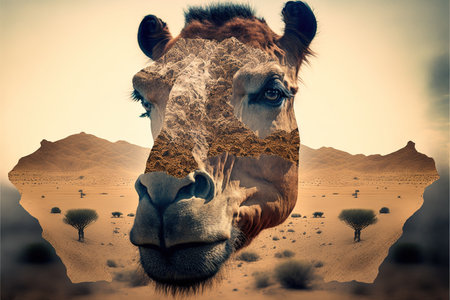 Camel abstract artwork in double exposure of sahara desert, animal art with sand landscape as dromedary with nature background concept. Superb Generative AI.の素材