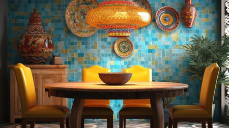 Interior design inspiration of Mediterranean Bohemian style home dining room loveliness decorated with Wood and Ceramic material and Mosaic Pendant Light .Generative AI home interior design .の素材