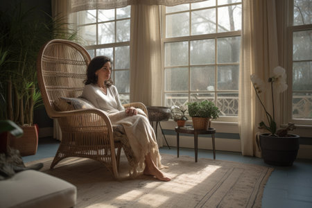 Female Hispanic middle aged lounging sun room cozy warm. Generative AI AIG23.の素材