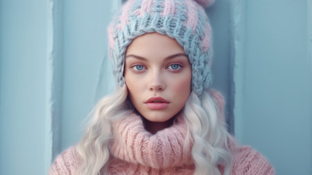 Winter pink paste outfit with beautiful female model, colorful dyed hair and fashionable teenager girl. Picturesque generative AIの素材