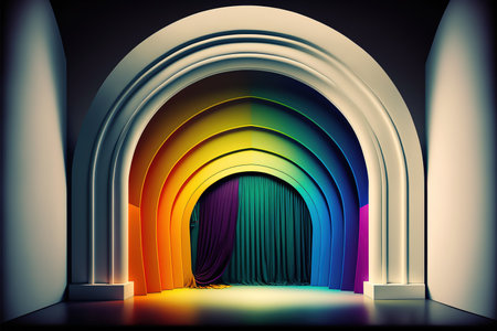 Realistic show stage or podium with rainbow color in modern realistic design. Idyllic scene for entertainment performance, abstract vivid color minimal backdrop. Superb Generative AIの素材