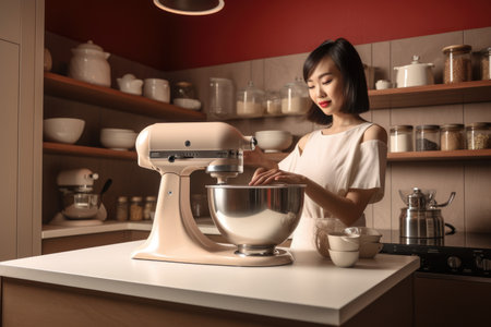 Female Asian adult cooking in kitchen apron chef uniform. Generative AI AIG23.の素材