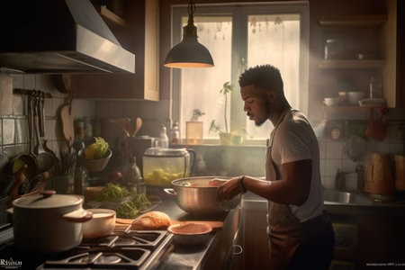 Male African adult cooking in kitchen apron chef attire. Generative AI AIG23.の素材