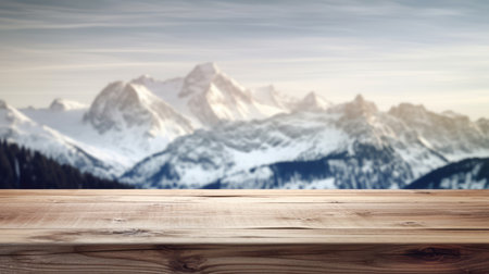 The empty wooden table top with blur background of Alpine with snow capped. Exuberant image.の写真素材