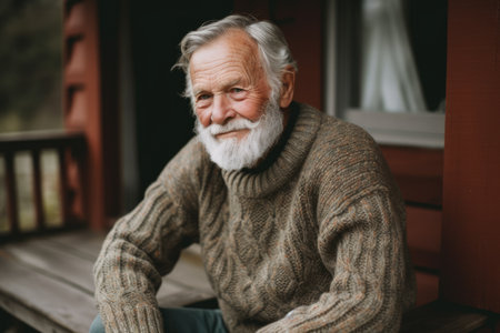 Male Caucasian senior knitting cozy sweater warmth front porch. Generative AI AIG23.の素材