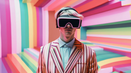 Young male model wearing VR posing with trendy fashion outfit and colorful pastel optical art abstract background. Picturesque generative AIの素材